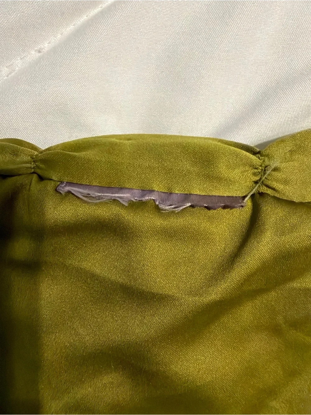 Olive Green Satin Feel Smocked Decorative Pillow with Velvet Corner Ties